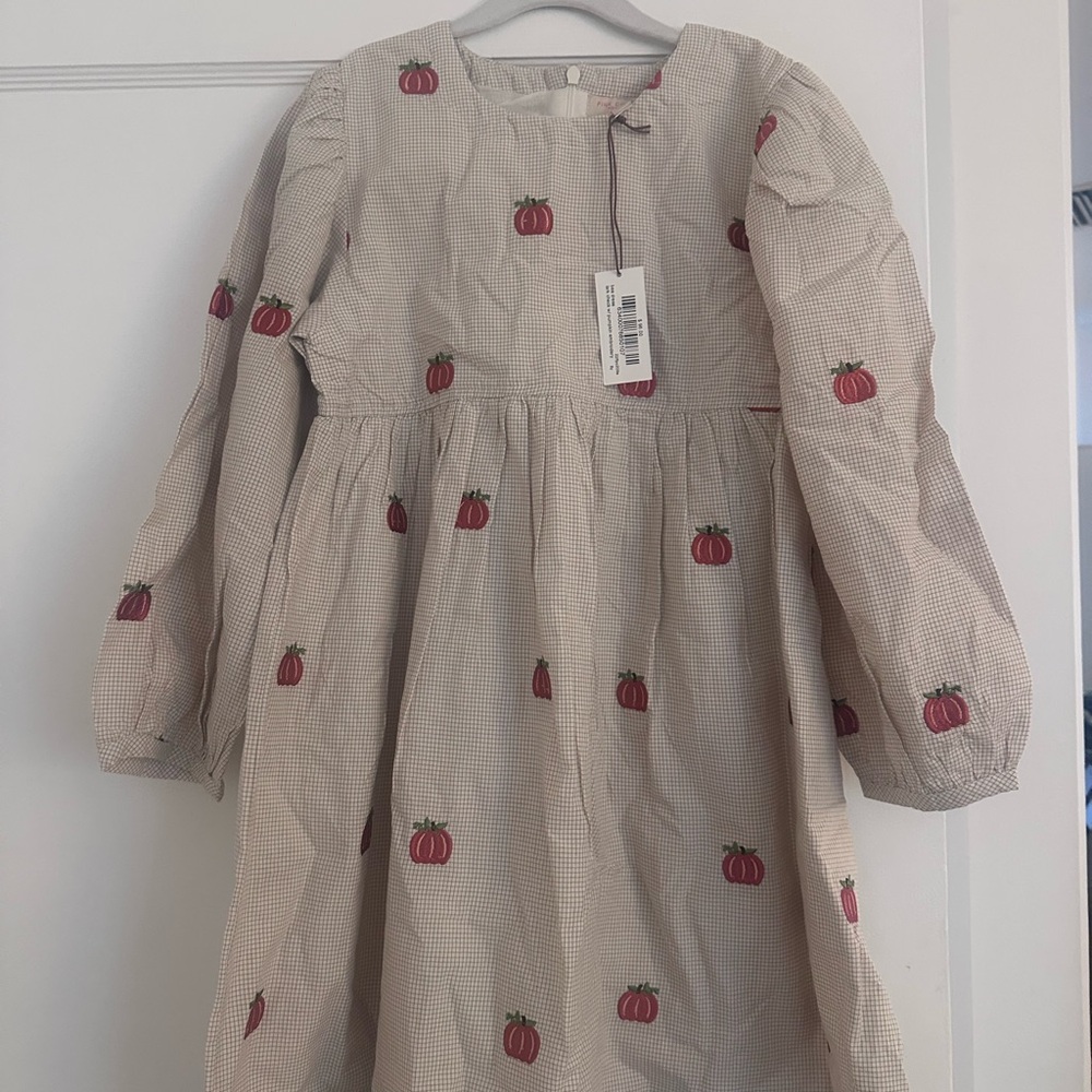 Pink Chicken Kids Dress with Orange Pumpkin Embroidery